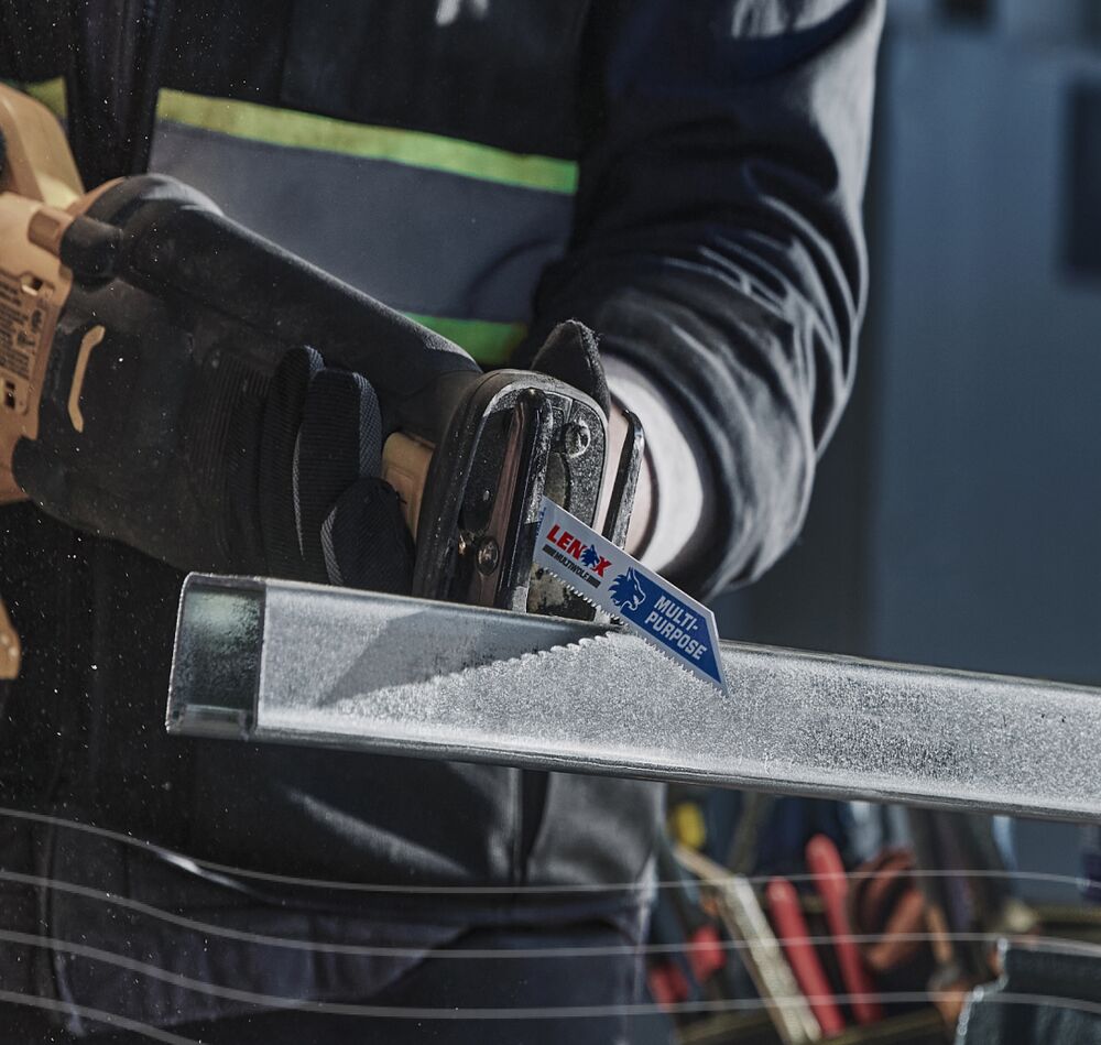 A LENOX MULTIWOLF Blade being used on a piece of metal A LENOX MULTIWOLF Blade being used on a piece of metal