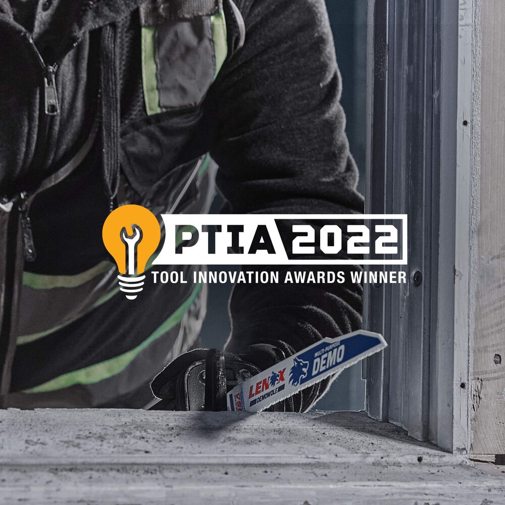 A LENOX DEMOWOLF blade being used to cut through concrete with a PITA 2022 Tool Innovation Awards Winner logo A LENOX DEMOWOLF blade being used to cut through concrete with a PITA 2022 Tool Innovation Awards Winner logo